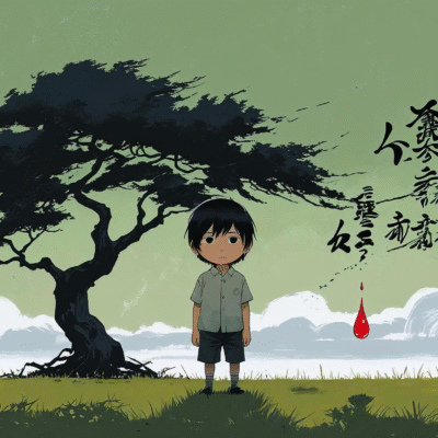 うつむいた表情の少年が草原に立つ。背後には黒い木と緑の空、右側には大きな赤い鼻血が垂れている。