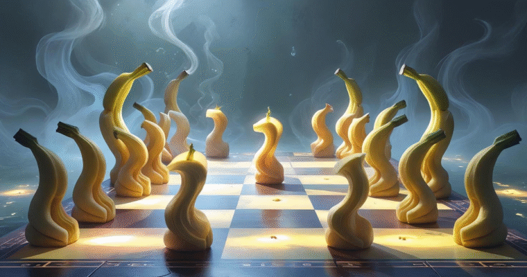 ねじれたバナナの駒が並ぶ幻想的な将棋盤